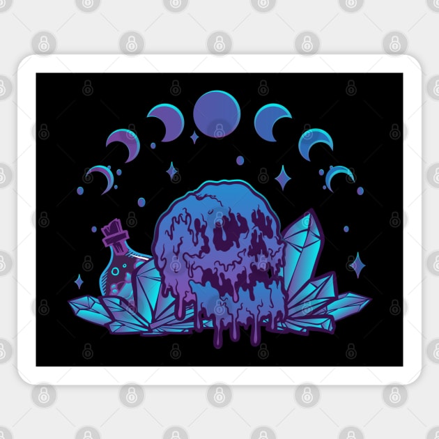 Melting Skull, Phases of Moon and Crystals Dark Art Pastel Goth Sticker by Irene Koh Studio